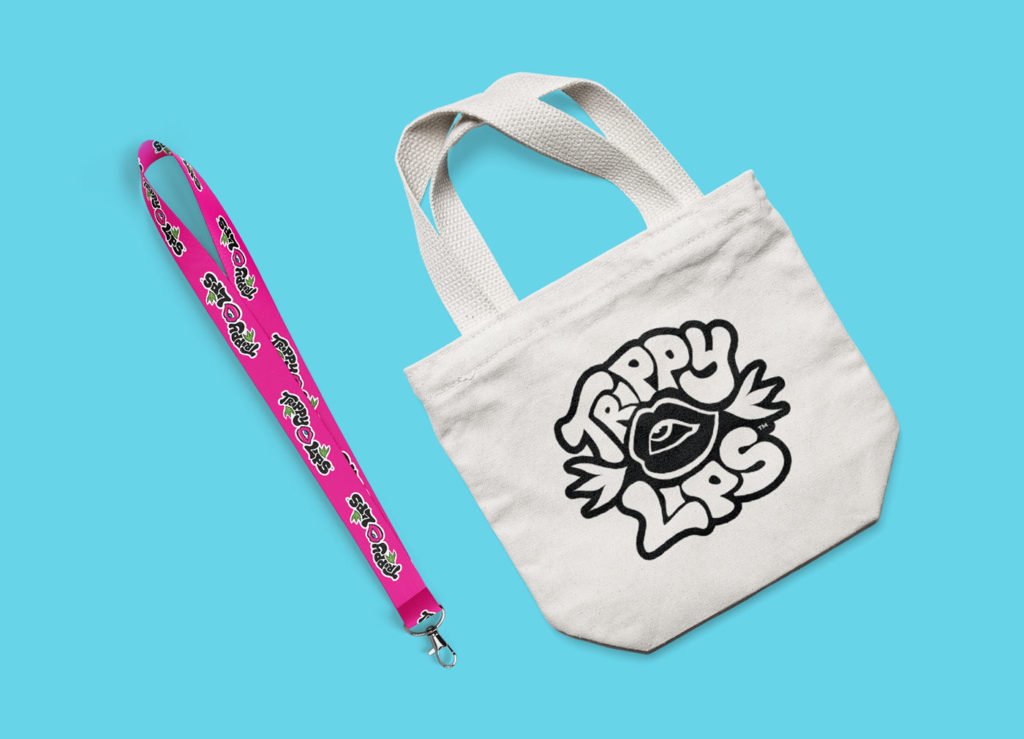 Trippy Lips lanyard and tote bag top view