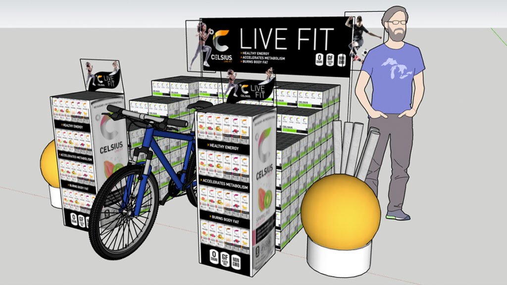 Celsius "LIVE FIT" POP Campaign - 3D rendering of brand design.