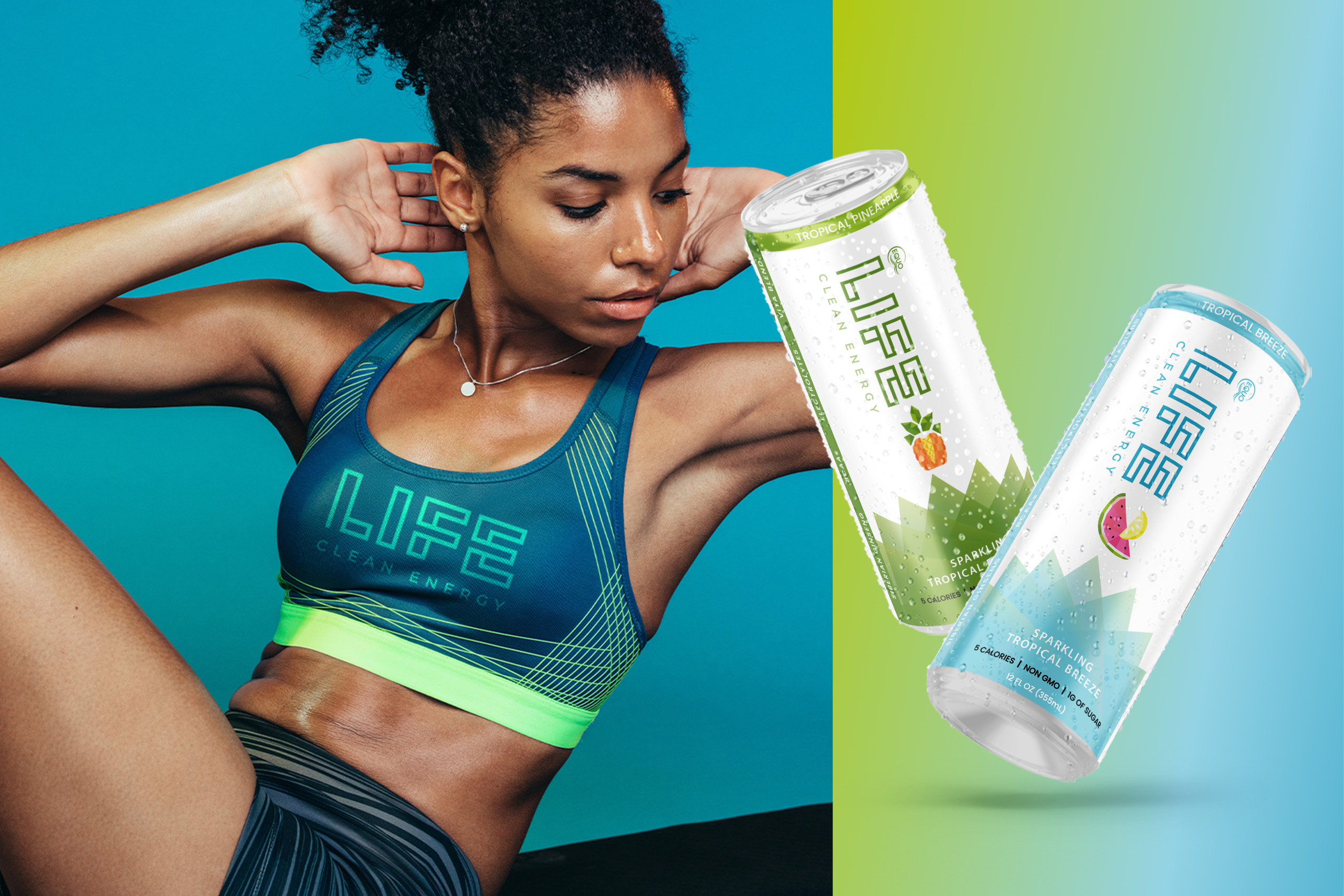 life clean energy tropical breeze and tropical pineaple - woman doing workout image.