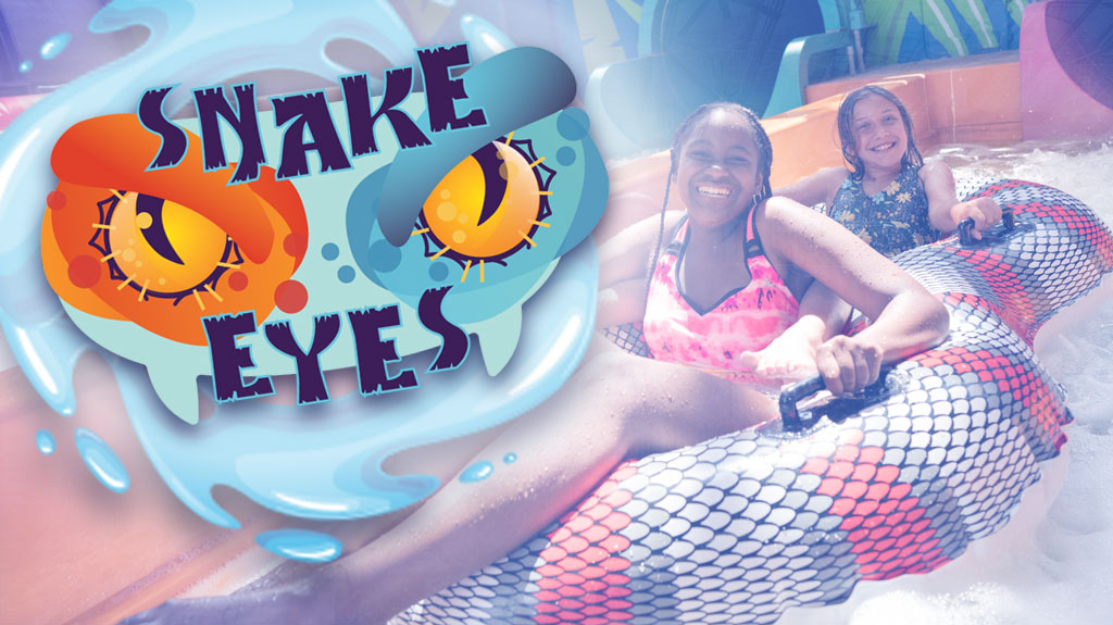 snake eyes attraction logo - two teens on a floating tube image.